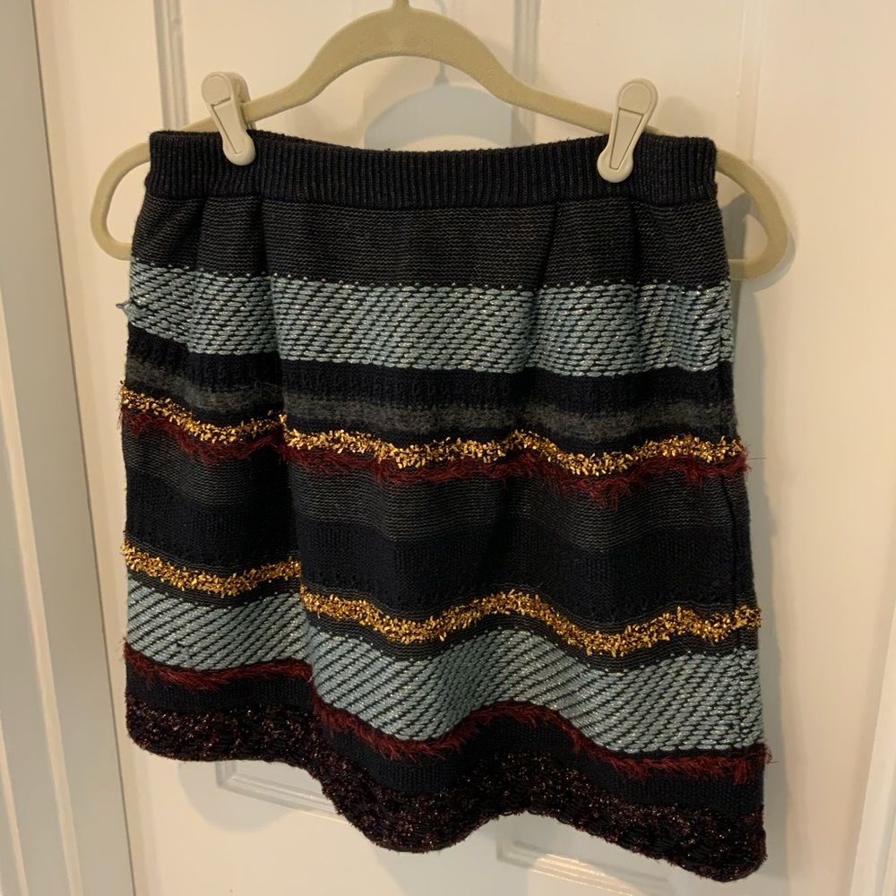 Tory Burch small wool skirt with blue, gray, burgundy, and gold embellishments